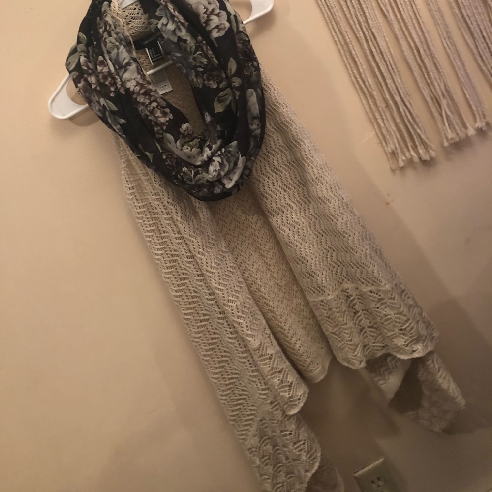 Flowing crochet vest with floral scarf